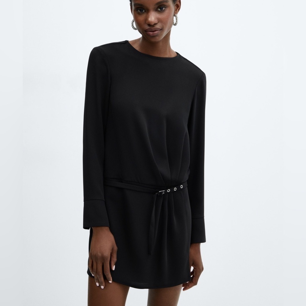 Mango black ruched mini dress with belt edgy monochrome contemporary artsy